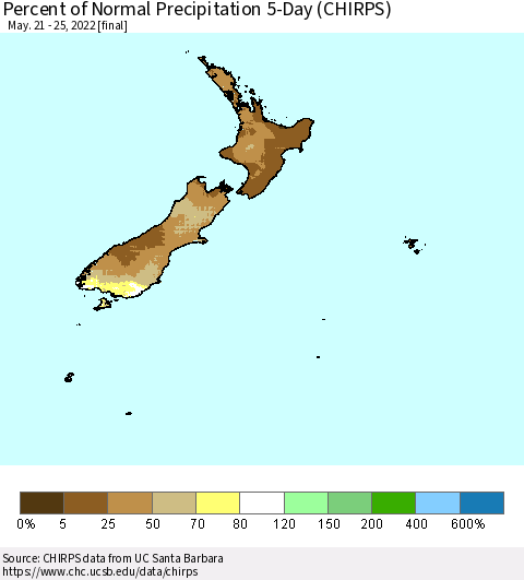New Zealand Percent of Normal Precipitation 5-Day (CHIRPS) Thematic Map For 5/21/2022 - 5/25/2022