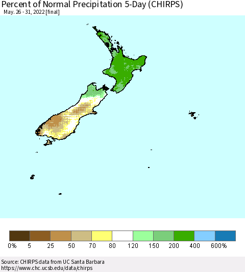 New Zealand Percent of Normal Precipitation 5-Day (CHIRPS) Thematic Map For 5/26/2022 - 5/31/2022