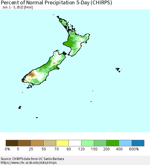 New Zealand Percent of Normal Precipitation 5-Day (CHIRPS) Thematic Map For 6/1/2022 - 6/5/2022