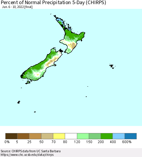 New Zealand Percent of Normal Precipitation 5-Day (CHIRPS) Thematic Map For 6/6/2022 - 6/10/2022
