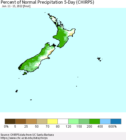 New Zealand Percent of Normal Precipitation 5-Day (CHIRPS) Thematic Map For 6/11/2022 - 6/15/2022