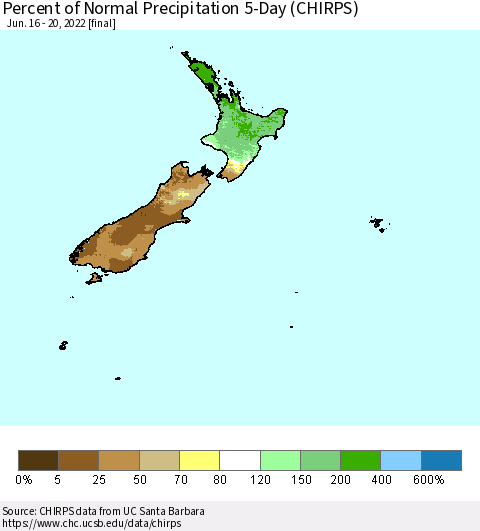 New Zealand Percent of Normal Precipitation 5-Day (CHIRPS) Thematic Map For 6/16/2022 - 6/20/2022
