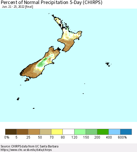 New Zealand Percent of Normal Precipitation 5-Day (CHIRPS) Thematic Map For 6/21/2022 - 6/25/2022