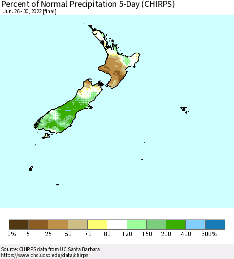 New Zealand Percent of Normal Precipitation 5-Day (CHIRPS) Thematic Map For 6/26/2022 - 6/30/2022
