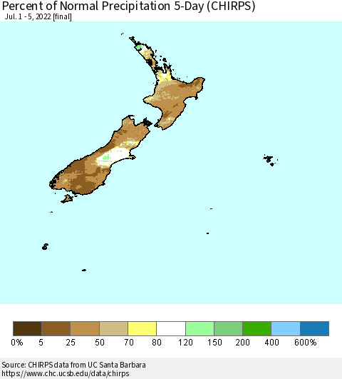 New Zealand Percent of Normal Precipitation 5-Day (CHIRPS) Thematic Map For 7/1/2022 - 7/5/2022