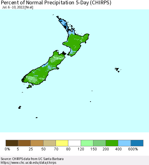 New Zealand Percent of Normal Precipitation 5-Day (CHIRPS) Thematic Map For 7/6/2022 - 7/10/2022