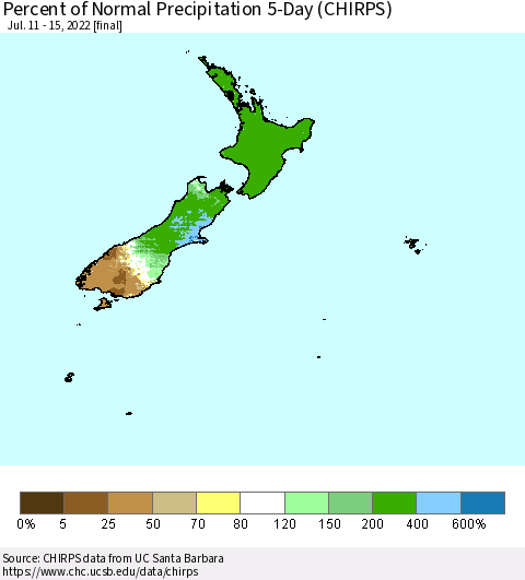 New Zealand Percent of Normal Precipitation 5-Day (CHIRPS) Thematic Map For 7/11/2022 - 7/15/2022