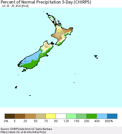 New Zealand Percent of Normal Precipitation 5-Day (CHIRPS) Thematic Map For 7/16/2022 - 7/20/2022