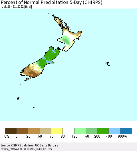 New Zealand Percent of Normal Precipitation 5-Day (CHIRPS) Thematic Map For 7/26/2022 - 7/31/2022