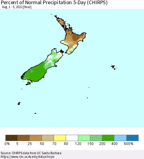New Zealand Percent of Normal Precipitation 5-Day (CHIRPS) Thematic Map For 8/1/2022 - 8/5/2022
