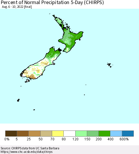 New Zealand Percent of Normal Precipitation 5-Day (CHIRPS) Thematic Map For 8/6/2022 - 8/10/2022