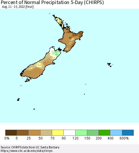 New Zealand Percent of Normal Precipitation 5-Day (CHIRPS) Thematic Map For 8/11/2022 - 8/15/2022