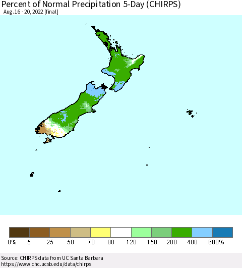 New Zealand Percent of Normal Precipitation 5-Day (CHIRPS) Thematic Map For 8/16/2022 - 8/20/2022