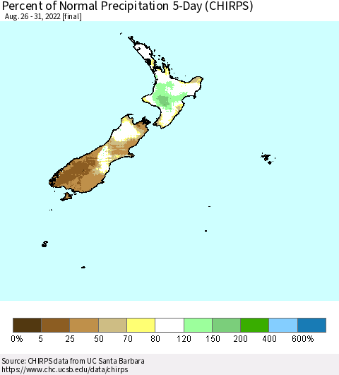 New Zealand Percent of Normal Precipitation 5-Day (CHIRPS) Thematic Map For 8/26/2022 - 8/31/2022