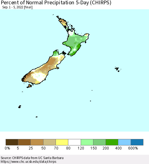 New Zealand Percent of Normal Precipitation 5-Day (CHIRPS) Thematic Map For 9/1/2022 - 9/5/2022