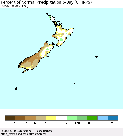 New Zealand Percent of Normal Precipitation 5-Day (CHIRPS) Thematic Map For 9/6/2022 - 9/10/2022