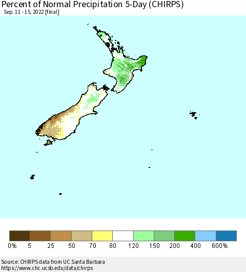 New Zealand Percent of Normal Precipitation 5-Day (CHIRPS) Thematic Map For 9/11/2022 - 9/15/2022