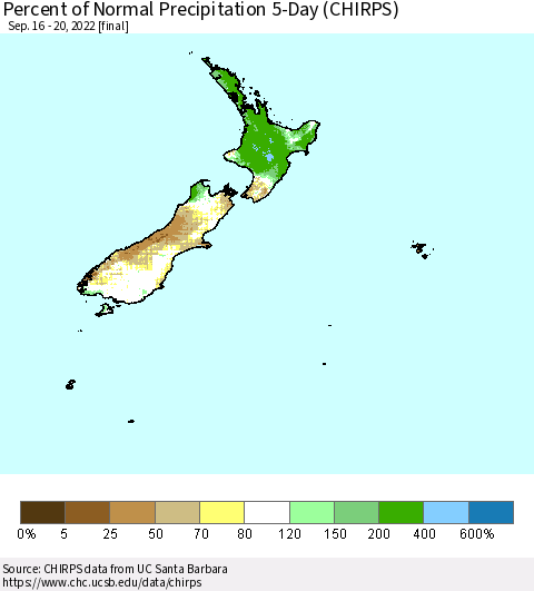 New Zealand Percent of Normal Precipitation 5-Day (CHIRPS) Thematic Map For 9/16/2022 - 9/20/2022