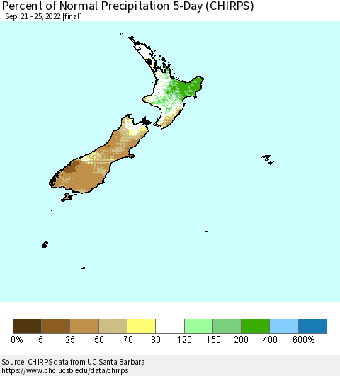 New Zealand Percent of Normal Precipitation 5-Day (CHIRPS) Thematic Map For 9/21/2022 - 9/25/2022