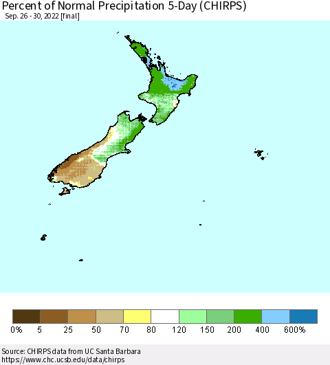New Zealand Percent of Normal Precipitation 5-Day (CHIRPS) Thematic Map For 9/26/2022 - 9/30/2022