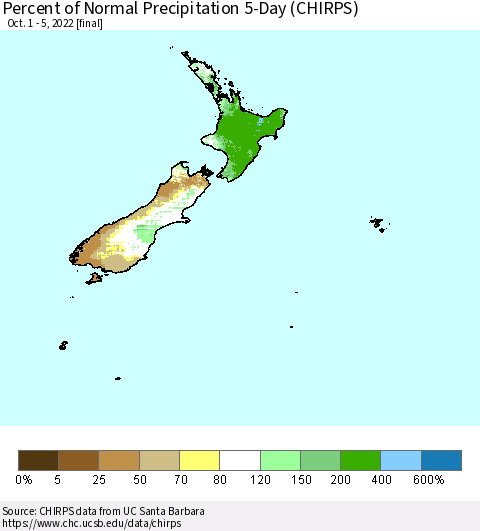 New Zealand Percent of Normal Precipitation 5-Day (CHIRPS) Thematic Map For 10/1/2022 - 10/5/2022