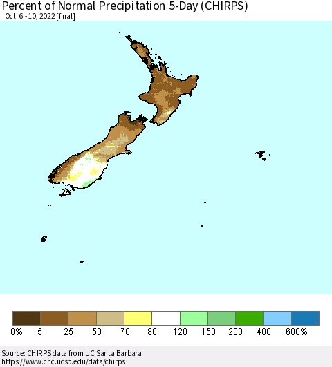 New Zealand Percent of Normal Precipitation 5-Day (CHIRPS) Thematic Map For 10/6/2022 - 10/10/2022