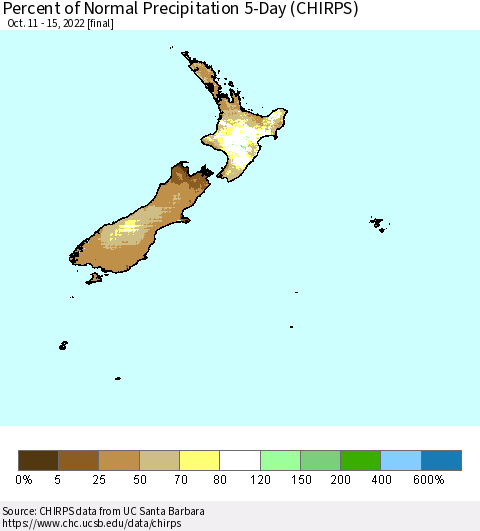 New Zealand Percent of Normal Precipitation 5-Day (CHIRPS) Thematic Map For 10/11/2022 - 10/15/2022