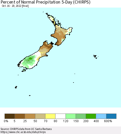 New Zealand Percent of Normal Precipitation 5-Day (CHIRPS) Thematic Map For 10/16/2022 - 10/20/2022