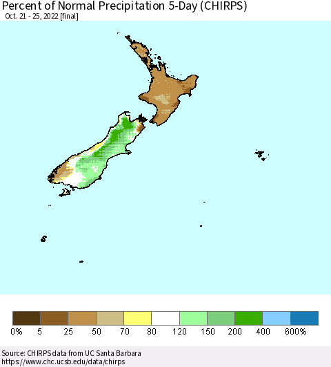 New Zealand Percent of Normal Precipitation 5-Day (CHIRPS) Thematic Map For 10/21/2022 - 10/25/2022
