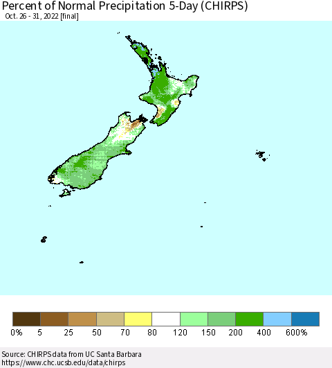 New Zealand Percent of Normal Precipitation 5-Day (CHIRPS) Thematic Map For 10/26/2022 - 10/31/2022