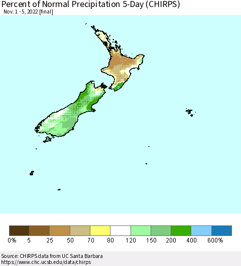 New Zealand Percent of Normal Precipitation 5-Day (CHIRPS) Thematic Map For 11/1/2022 - 11/5/2022