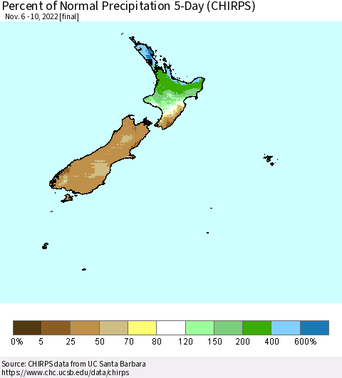 New Zealand Percent of Normal Precipitation 5-Day (CHIRPS) Thematic Map For 11/6/2022 - 11/10/2022
