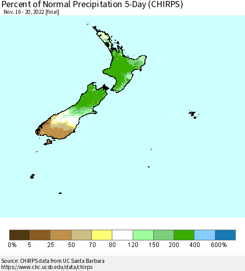 New Zealand Percent of Normal Precipitation 5-Day (CHIRPS) Thematic Map For 11/16/2022 - 11/20/2022