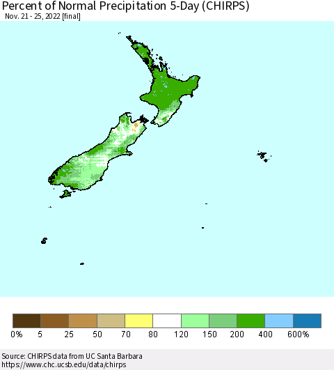New Zealand Percent of Normal Precipitation 5-Day (CHIRPS) Thematic Map For 11/21/2022 - 11/25/2022