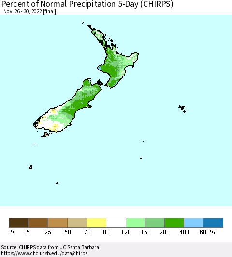 New Zealand Percent of Normal Precipitation 5-Day (CHIRPS) Thematic Map For 11/26/2022 - 11/30/2022