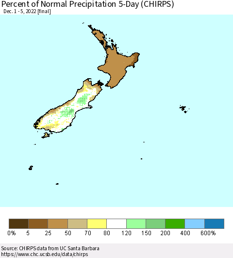 New Zealand Percent of Normal Precipitation 5-Day (CHIRPS) Thematic Map For 12/1/2022 - 12/5/2022