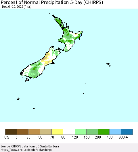 New Zealand Percent of Normal Precipitation 5-Day (CHIRPS) Thematic Map For 12/6/2022 - 12/10/2022