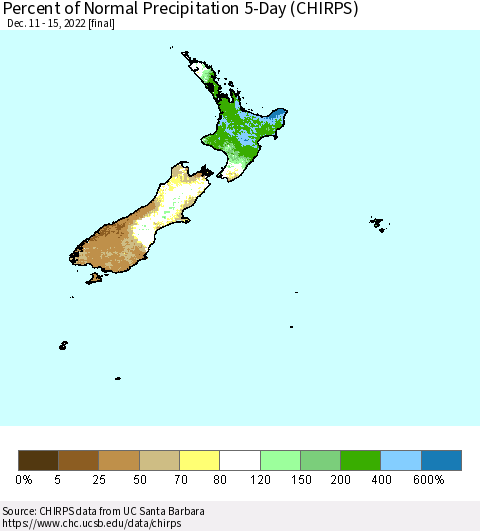 New Zealand Percent of Normal Precipitation 5-Day (CHIRPS) Thematic Map For 12/11/2022 - 12/15/2022
