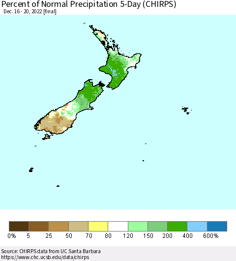 New Zealand Percent of Normal Precipitation 5-Day (CHIRPS) Thematic Map For 12/16/2022 - 12/20/2022