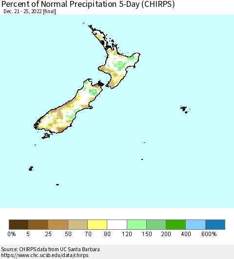 New Zealand Percent of Normal Precipitation 5-Day (CHIRPS) Thematic Map For 12/21/2022 - 12/25/2022
