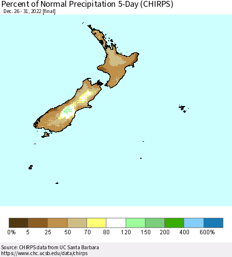 New Zealand Percent of Normal Precipitation 5-Day (CHIRPS) Thematic Map For 12/26/2022 - 12/31/2022