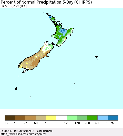 New Zealand Percent of Normal Precipitation 5-Day (CHIRPS) Thematic Map For 1/1/2023 - 1/5/2023