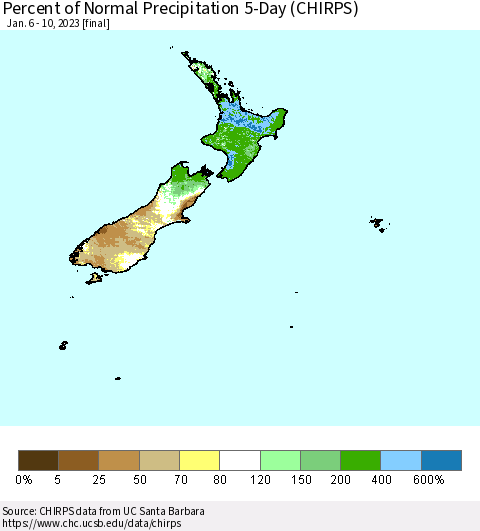 New Zealand Percent of Normal Precipitation 5-Day (CHIRPS) Thematic Map For 1/6/2023 - 1/10/2023