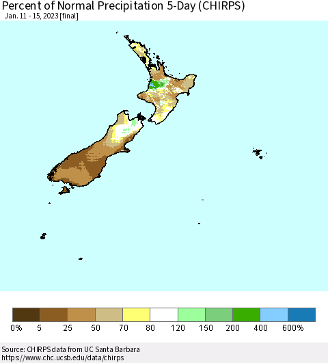 New Zealand Percent of Normal Precipitation 5-Day (CHIRPS) Thematic Map For 1/11/2023 - 1/15/2023