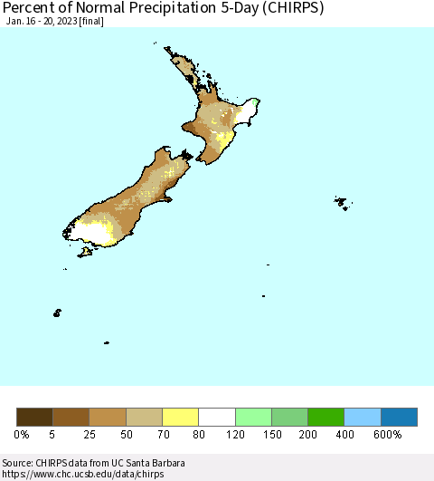 New Zealand Percent of Normal Precipitation 5-Day (CHIRPS) Thematic Map For 1/16/2023 - 1/20/2023