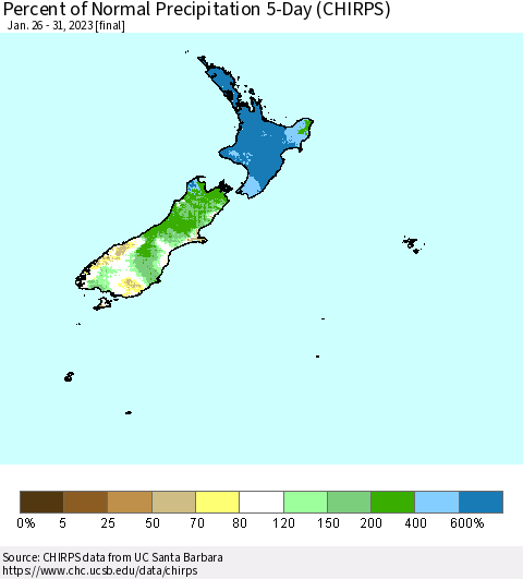 New Zealand Percent of Normal Precipitation 5-Day (CHIRPS) Thematic Map For 1/26/2023 - 1/31/2023