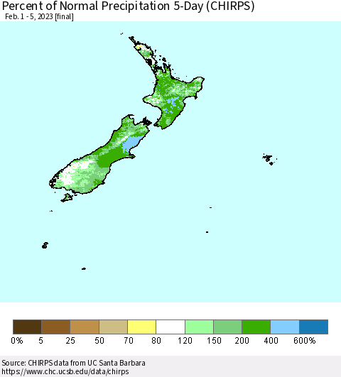 New Zealand Percent of Normal Precipitation 5-Day (CHIRPS) Thematic Map For 2/1/2023 - 2/5/2023