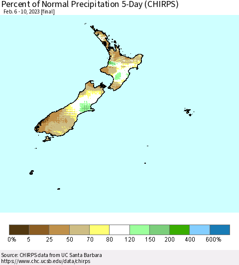 New Zealand Percent of Normal Precipitation 5-Day (CHIRPS) Thematic Map For 2/6/2023 - 2/10/2023