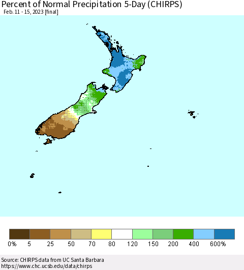 New Zealand Percent of Normal Precipitation 5-Day (CHIRPS) Thematic Map For 2/11/2023 - 2/15/2023