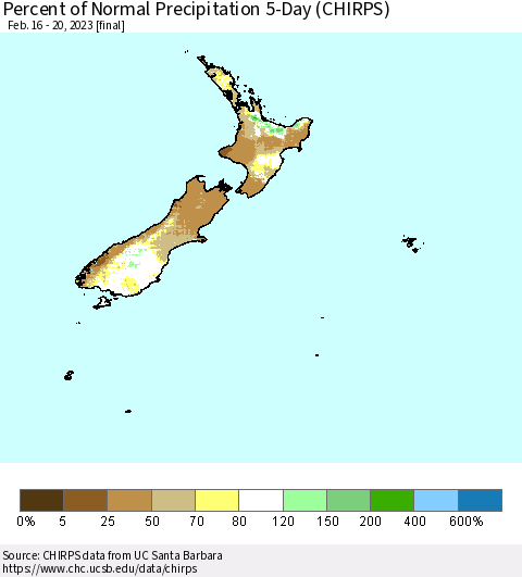 New Zealand Percent of Normal Precipitation 5-Day (CHIRPS) Thematic Map For 2/16/2023 - 2/20/2023